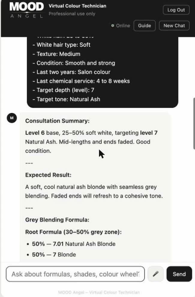 Excerpt from Angel's answer: a consultation summary for level 6 hair targeting level 7 natural ash, an expected result and the beginning of a grey-blending formula